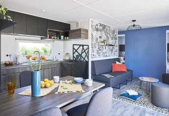 Modernes, gemütliches Wohnzimmer und Küche in der Paradijs Luxe Stacaravan mit stilvoller Einrichtung.