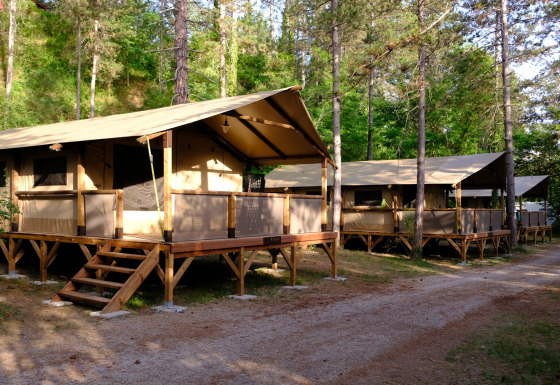 Safari tenten Lodge Insolite Pinède 34 m² tussen de bomen, met houten terrassen en bosrijke natuur.