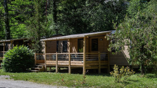 Lodge Mobile Home Premium Trendy con terraza de madera, rodeada de árboles verdes y vegetación natural.