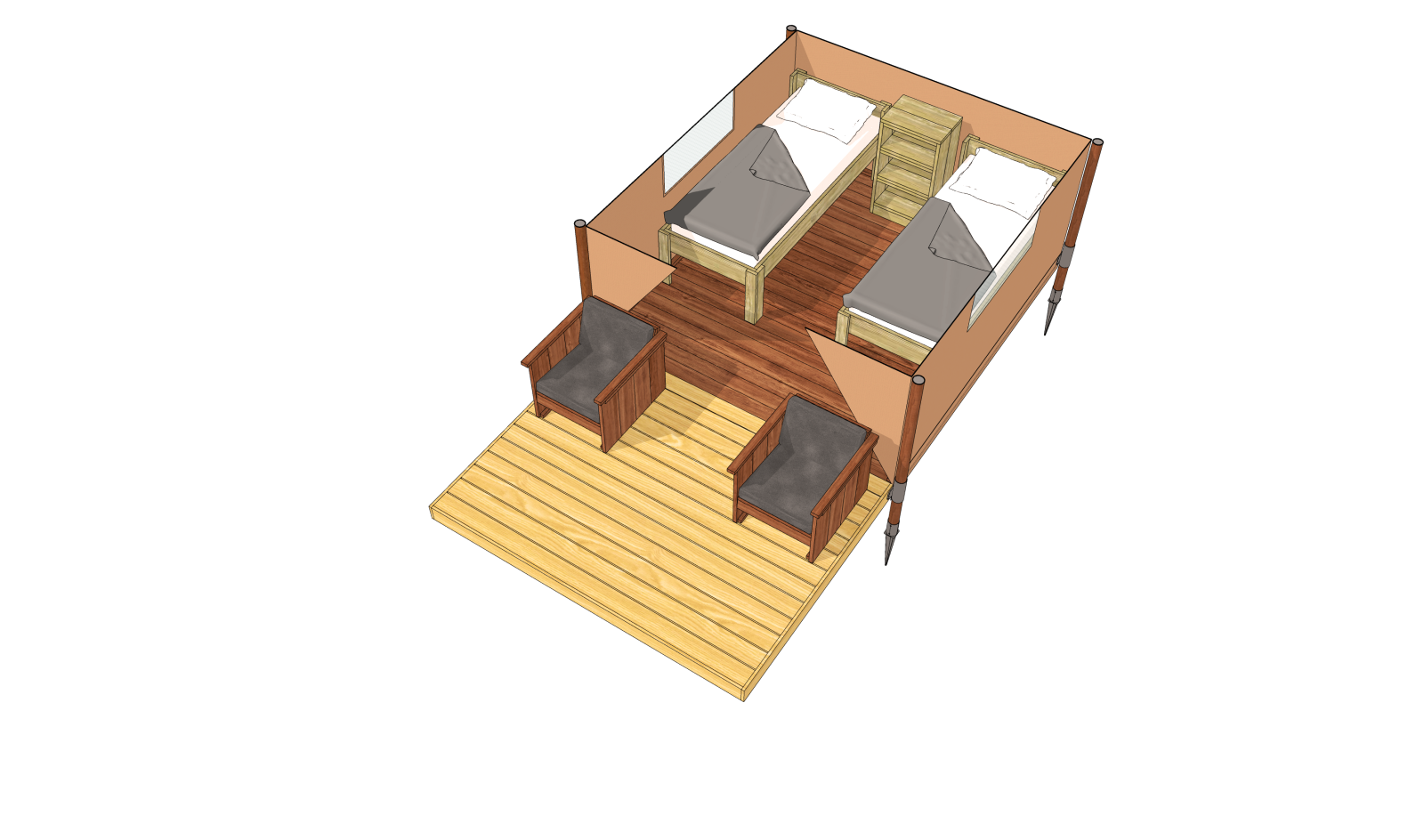 3D-overzicht van het Lodge 'Insolite Bivak' safaritent met twee bedden en zithoek in Frankrijk.