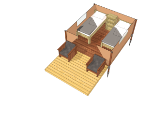 3D-overzicht van het Lodge ‘Insolite Bivak’ safaritent met twee bedden en zithoek in Frankrijk.