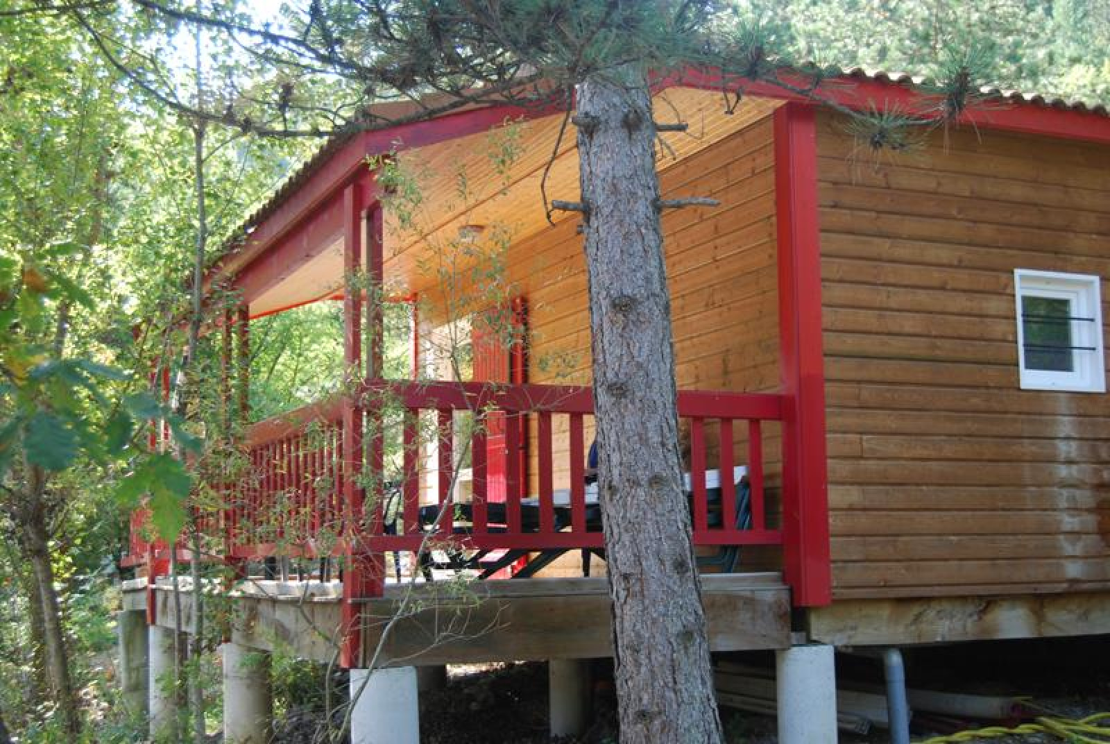 Houten chalet met rode veranda bij Flower Camping la Pinède in Frankrijk, omringd door bomen.