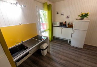 Keuken in Chalet «l'O douce» bij Flower Camping la Pinède in Frankrijk met koelkast, gootsteen en magnetron.