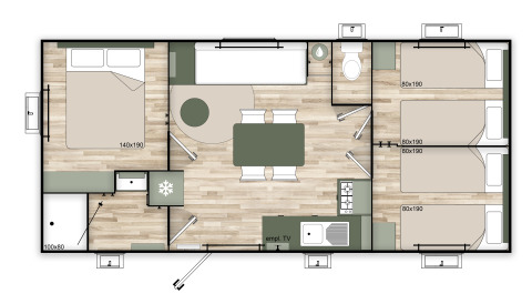 Plan du Mobile Home «Premium Trendy» au Flower Camping la Pinède montrant trois chambres spacieuses.