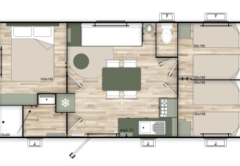 Plantegning af Mobile Home «Premium Trendy» på Flower Camping la Pinède med tre soveværelser.