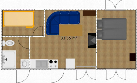 Floor plan of a glamping accommodation with living area, kitchen, bedroom, bathroom and lounge, 33.55 m².