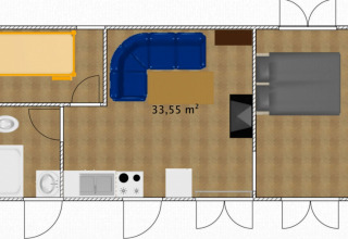 Floor plan of a glamping accommodation with living area, kitchen, bedroom, bathroom and lounge, 33.55 m².
