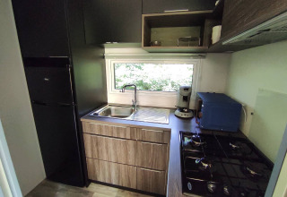 Cocina de glamping compacta con estufa de gas, fregadero, cafetera, nevera y ventana con vista.