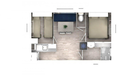 Plattegrond van De Familie - 2 Stacaravans lodge op Camping Paradis Family des Issoux in Frankrijk, kamerverdeling.