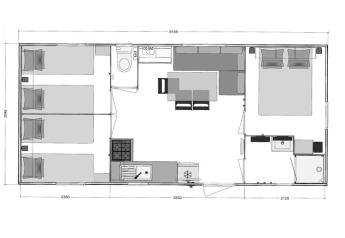 Planimetria della Comfort Mobile home con 3 camere al Camping Paradis Family des Issoux in Francia.