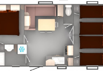 Grundriss der Stacaravan CONFORT 30m² im Family's Camping Le Savoy, Schlafplätze und Wohnbereich sichtbar.