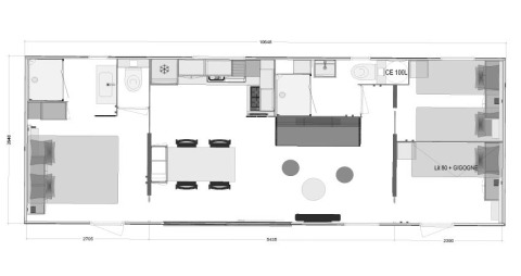 Plattegrond van Paradijs Luxe Stacaravan met jacuzzi bij Camping Paradis Family des Issoux in Frankrijk.