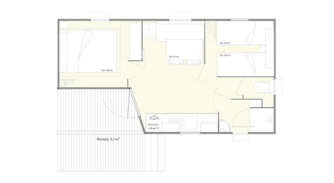 Grundriss des Mobile Home ECO Lodgia im Flower Camping Provence Vallée mit Terrasse und drei Zimmern.
