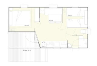 Plano de la casa móvil ECO Lodgia en Flower Camping Provence Vallée con terraza y tres habitaciones.
