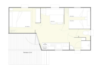 Plantegning af Mobile Home ECO Lodgia ved Flower Camping Provence Vallée med terrasse og tre rum.