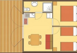 Floor plan of 'Lodgehut op palen' tree house at Flower Camping Provence Vallée, showing rooms and layout.