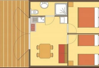 Planimetria della casa sull'albero 'Lodgehut op palen' a Flower Camping Provence Vallée, con camere e bagno.