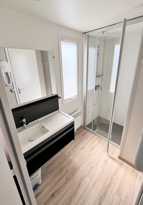 Baño moderno en Mobile Home 'Living' en Flower Camping Provence Vallée, Francia, con ducha y lavabo.