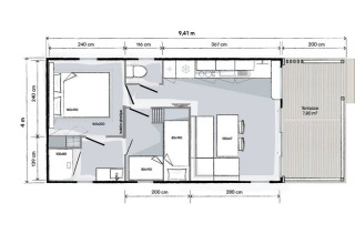 Plano de la Mobile Home ‘Living’ en Flower Camping Provence Vallée con terraza y habitaciones.