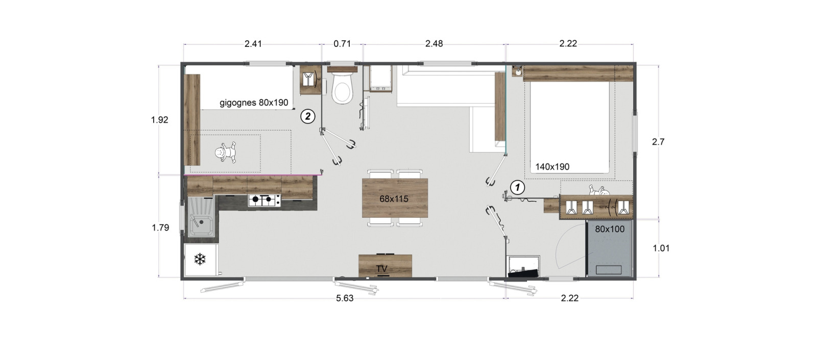 Plattegrond van Mobile Home New Horizon bij Flower Camping Provence Vallée met meubels en afmetingen.