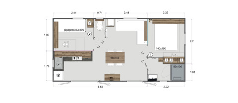 Plano del Mobile Home New Horizon en Flower Camping Provence Vallée, con mobiliario y medidas en metros.