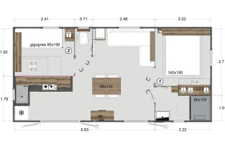 Plan du Mobile Home New Horizon au Flower Camping Provence Vallée avec meubles et dimensions détaillées.