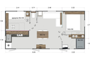 Grondplan van Mobile Home New Horizon in Flower Camping Provence Vallée met meubels en afmetingen.