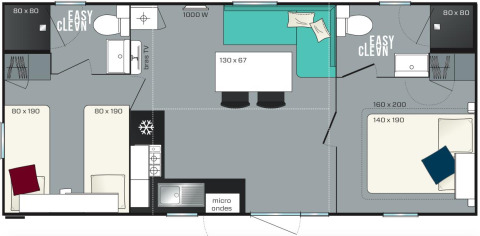 Plano del Mobile Home Tribu en Flower Camping Provence Vallée con dormitorios, baños y sala de estar.