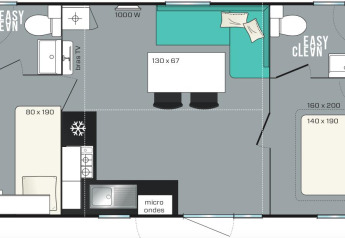 Plantegning af Mobile Home Tribu på Flower Camping Provence Vallée med 3 soveværelser, stue og køkken.