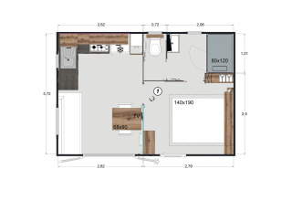 Plano del Premium Mobile Home de 1 dormitorio en Flower Camping Provence Vallée, Francia.