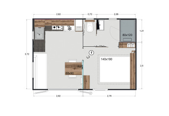 Grondplan van Premium Mobile Home met 1 slaapkamer bij Flower Camping Provence Vallée, Frankrijk.
