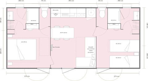 Planimetria della Premium Mobile Home con 2 camere da letto al Flower Camping Provence Vallée in Francia.