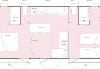 Floor plan of the Premium Mobile Home with 2 bedrooms at Flower Camping Provence Vallée in France.
