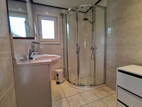 Modern bathroom with shower cabin, sink, and window inside the Comfort cabin at De Woudhoeve, Netherlands.