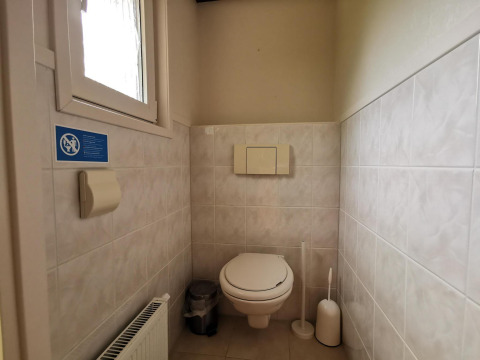 Bathroom with wall-mounted toilet, toilet brush, trash bin, and window at the 'Comfort' cabin in De Woudhoeve.