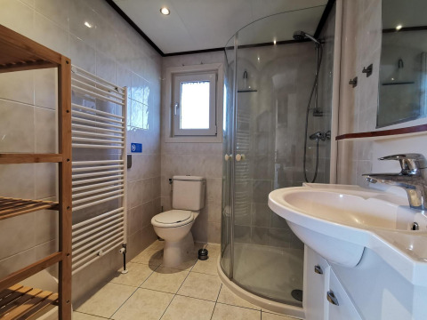 Modern bathroom with glass shower, toilet, sink, wooden shelf and window in Comfort cabin at De Woudhoeve.