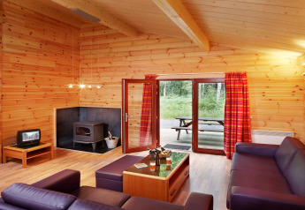 Wohnzimmer im Holzchalet 'De Boshut' in Belgien mit Kamin, Sofas, Fernseher und Blick in den Wald.