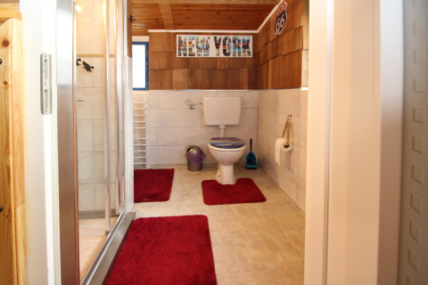 Baño moderno con techo de madera, inodoro y alfombras rojas en Holiday home Susanne 58 qm, Alemania