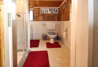 Moderne badeværelse med træloft, toilet og røde måtter i Holiday home Susanne 58 qm, Tyskland