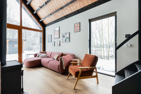 Lichte leefruimte in Forest villa «De Bosburcht» in De Kremmer met eigentijds interieur en winterzonlicht.