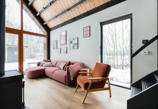 Soggiorno luminoso in Forest villa «De Bosburcht» a De Kremmer, Paesi Bassi, arredamento moderno e neve fuori.