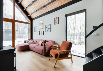 Soggiorno luminoso in Forest villa «De Bosburcht» a De Kremmer, Paesi Bassi, arredamento moderno e neve fuori.