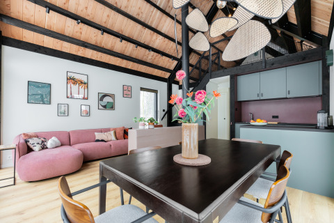 Moderne lounge in lodge Forest villa «De Bosburcht» met houten plafond, roze zetel en keuken in Nederland.