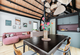 Moderne lodge woonkamer bij Forest villa «De Bosburcht» met houten plafond, roze bank en keuken in Nederland.