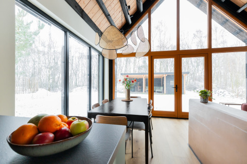 Moderne eetkamer met grote ramen en uitzicht op besneeuwd bos in Forest villa «De Bosburcht» bij De Kremmer.