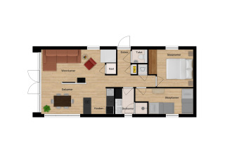 Plattegrond van Forest villa «De Bosburcht» op De Kremmer in Nederland met woonkamer, keuken en twee slaapkamers.