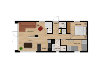Plano de la villa Forest «De Bosburcht» en De Kremmer, Países Bajos, con salón, cocina y dos dormitorios.