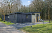 Contemporary Veldzicht lodge in Forest Park Ede, Netherlands, surrounded by trees and green scenery.