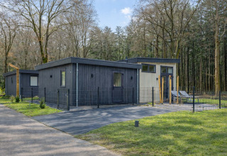 Lodge moderne Veldzicht situé à Forest Park Ede aux Pays-Bas, entouré de forêt et de verdure.