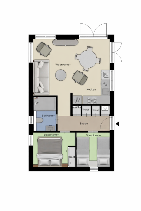 Planimetria del lodge Veldzicht a Forest Park Ede, Paesi Bassi, con due camere, soggiorno e cucina.